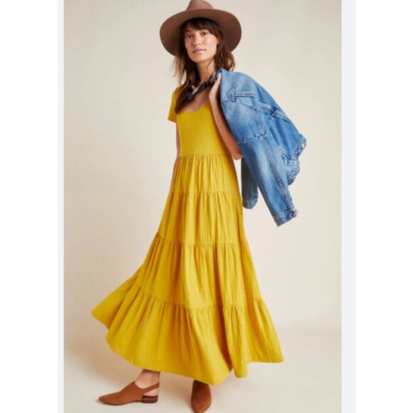 Maeve Anthropologie Tiered Maxi Dress Gillian Womens Medium Yellow Long Flowy - Picture 1 of 16